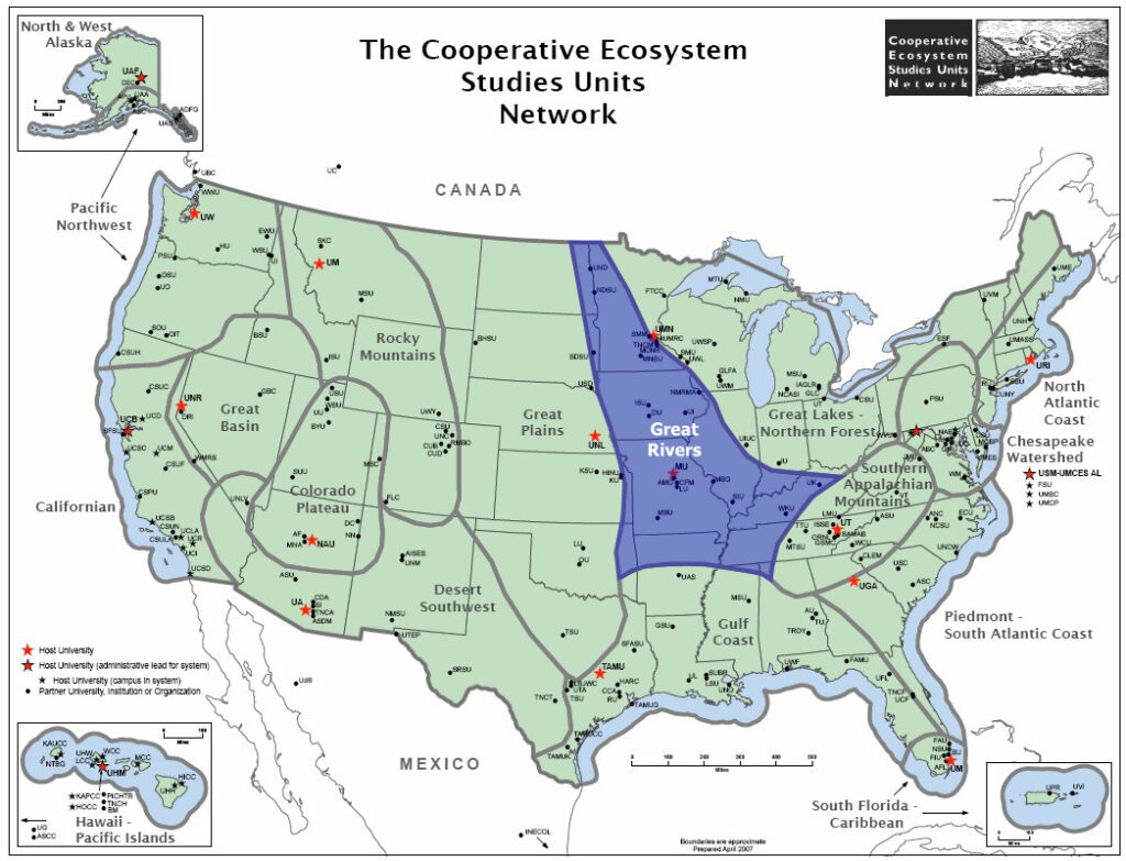 The cooperative Ecosystem Studies Units Network Map detailing the great rivers region overlaying all of Missouri and surrounding states.